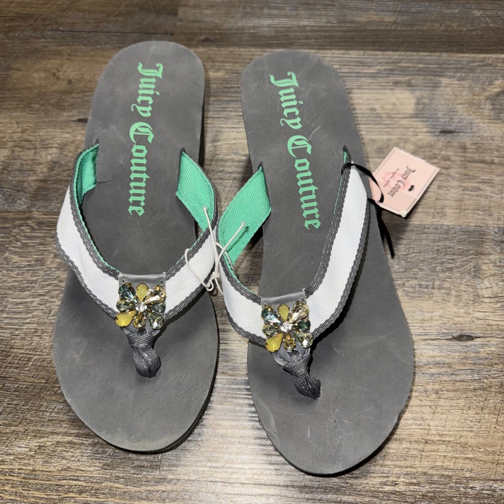 Juicy Couture Y2K Womens XL Grey Mint Rhinestone Wedge Platform Flip Flops NWT